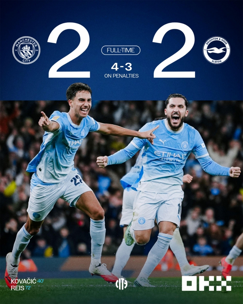 Man City thoát cửa tử trước Brighton, vé tứ kết Carabao Cup đổi chủ phút chót